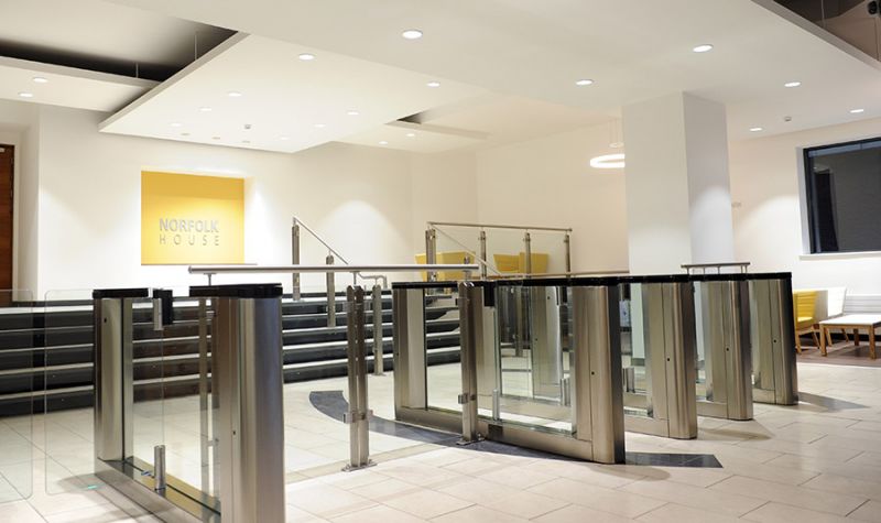 Office Block Birmingham: Installation of stainless steel handrails and glass balustrade in Reception area.: Swipe To View More Images